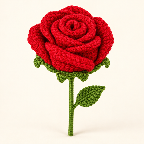 Rosa roja a crochet con tallo y hoja verde